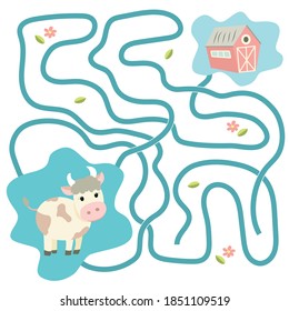 
help the cow get to the barn. Libirint. Educational game for preschool children, vector illustration in flat style