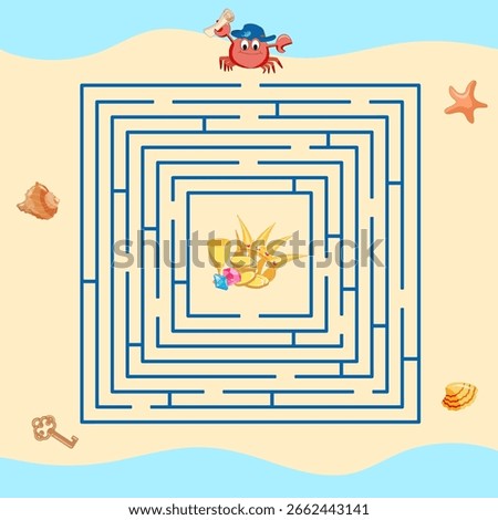 Help the crab find the treasure in the maze. Cartoon vector illustration for children's entertainment, worksheet, activity book.