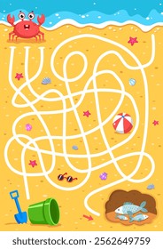 Help the crab get to the hole. Labyrinth. Maze game for children. Vector illustration.