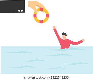 Help in crisis, Life saver, Rescue or business support, Safe and security aid to solve problems, Emergency lifebuoy, Hopeless businessman drowning in ocean

