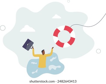 Help in crisis, life saver, rescue or business support, safe and security aid to solve problem, emergency lifebuoy concept.flat design.illustration with people.