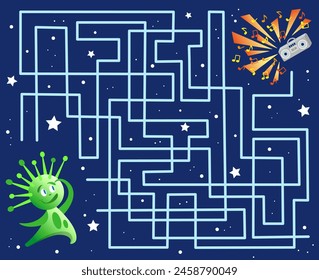 Help the curious alien find the boombox. Space themed maze game. Cartoon vector illustration for children's education.