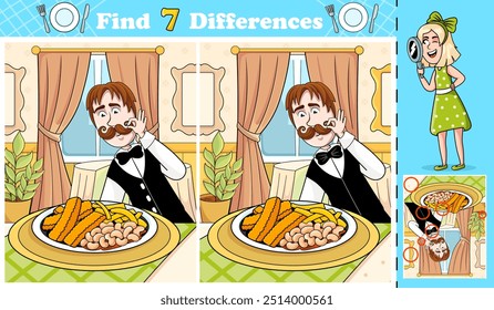 Help a curious little girl find 7 differences between two seemingly identical pictures of a cozy restaurant scene featuring a waiter serving fish and chips. Perfect for learning about British cuisine.