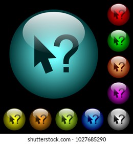 Help cursor icons in color illuminated spherical glass buttons on black background. Can be used to black or dark templates