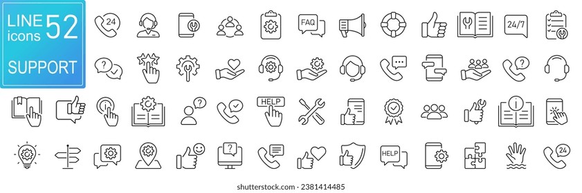 Help, Customer Service and Support - Outline Icon set. Thin Line icons contains such Icons as Online Help, Helpdesk, Quick Response, Feedback, online assistant, reference book, etc. Simple web icons