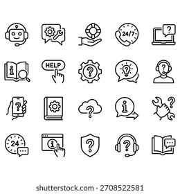 Conjunto de ícones de ajuda e suporte ao cliente. Símbolos de contorno vetorial para serviço 24 e 7, chatbot, FAQ, assistência técnica, centro online e guia técnico