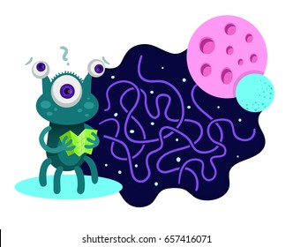 Help the cute alien to find way to his planet. Vector maze game.