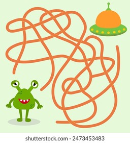 Help cute alien monster find path to UFO spaceship. Labyrinth. Maze game for kids. Messy line children logic game. Confusing path lines vector illustration.