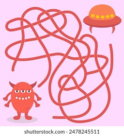 Help cute alien monster find path to UFO spaceship. Labyrinth. Maze game for kids. Messy line children logic game. Confusing path lines vector illustration.