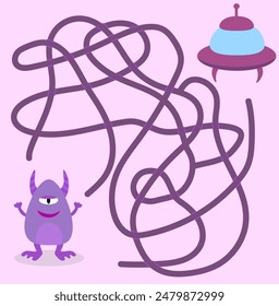 Help cute alien monster find path to UFO spaceship. Labyrinth. Maze game for kids. Messy line children logic game. Confusing path lines vector illustration.
