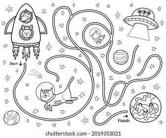 Help cute animals in a rocket find a way to the planet Mercury. Black and white space maze for kids. Activity page with funny space character. Mini game and coloring page. Vector illustration