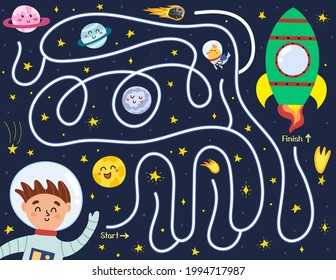 Help cute boy astronaut find a way to the rocket. Space maze puzzle for kids. Activity page with funny space character.  Mini game for school and preschool. Vector illustration