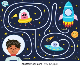 Help cute boy astronaut find a way to the rocket. Space maze puzzle for kids. Activity page with funny space character.  Mini game for school and preschool. Vector illustration