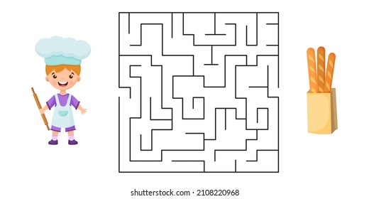 Help the cute boy baker find his way to the baguette. Labyrinth for children. Vector illustration isolated on white background.