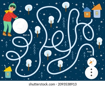 Help cute boy to build a snowman. Winter maze game for kids. Preschool activity page. Find the way to snowman puzzle. Us letter format. Vector illustration