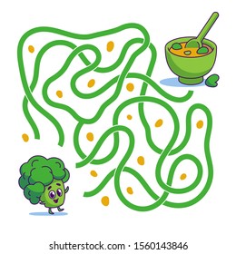 Help cute broccoli find path to soup. Labyrinth. Vegan maze game for kids. Vector illustration on white background.
