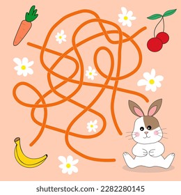 Help cute bunny find path to carrot. Labyrinth. Maze game for kids. Messy line children logic game. Confusing path lines vector illustration.