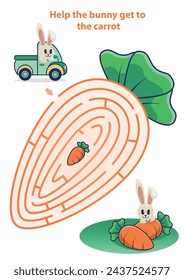 Help the cute bunny find the right way to the carrot. Labyrinth. Maze game for kids. Vector illustration.