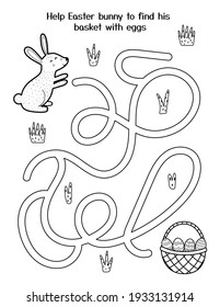 Help cute bunny to get his basket with eggs. Easter maze game for kids. Black and white spring activity page. Easter rabbit labyrinth puzzle. Vector illustration