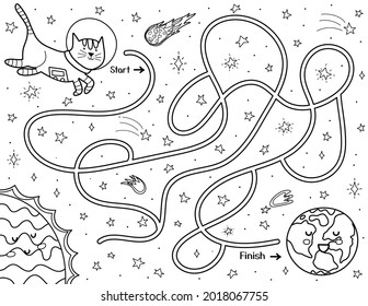 Help a cute cat astronaut find a way to the Earth. Black and white space maze for kids. Activity puzzle page with funny space character. Mini game and coloring page. Vector illustration