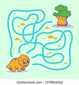Help cute dino find the right path to tree. Labyrinth. Maze game for kids. Vector illustration.