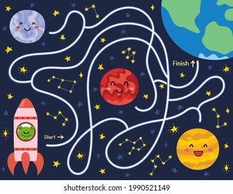 Help cute frog in a rocket find a way to the planet Earth. Space maze puzzle for kids. Activity page with funny space character.  Mini game for school and preschool. Vector illustration