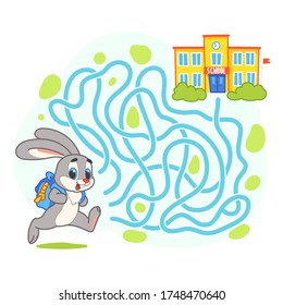 Help cute hare find the right path to school. Schoolboy with backpack run to school through labyrinth. Maze game for kids. Day of knowledge illustration.