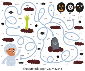 Help a cute kid in mummy costume find path to the balloons. Halloween maze game for kids in cartoon style. Labyrinth puzzle for school and preschool. Vector illustration
