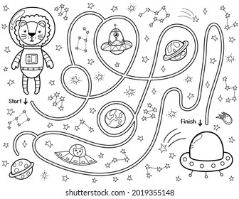 Help a cute lion astronaut find a way to the flying saucer. Black and white space maze for kids. Activity page with funny space character. Mini game and coloring page. Vector illustration