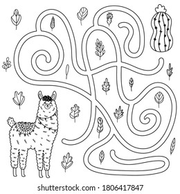 Help the cute llama to get to the cactus. Black and white maze game for kids. Labyrinth coloring page for toddlers. Vector illustration