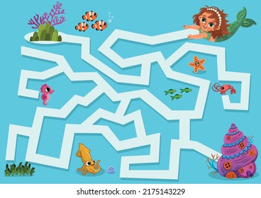 Help the cute mermaid to reach her home puzzle game for kids. Vector illustration.