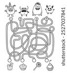 Help the cute monsters find a path for his sweets. Labyrinth. Maze game for children. Black and white illustration, coloring page for Halloween party.
