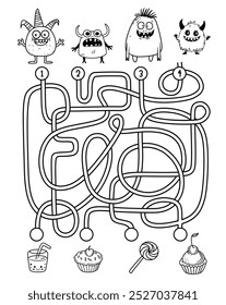 Help the cute monsters find a path for his sweets. Labyrinth. Maze game for children. Black and white illustration, coloring page for Halloween party.