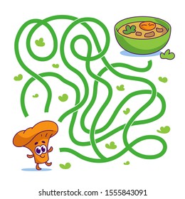 Help cute mushroom chanterelle find path to soup. Labyrinth. Vegan maze game for kids. Vector illustration on white background.