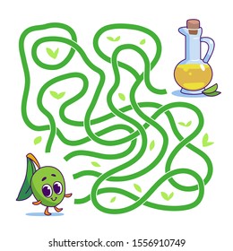 Help cute olive find path to olive oil. Labyrinth. Vegan maze game for kids. Vector illustration on  white background.