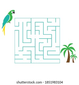 Help the cute parrot find the path to the palm trees. Labyrinth for children. Vector illustration isolated on white background.