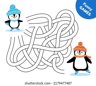 Help cute penguin find path to mom. Labyrinth. Maze game for kids. Vector illustration puzzle isolated on white background.