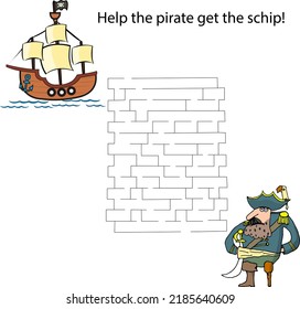 Help a cute pirate with a parrot on his schoulder find the way to the schip. Labyrinth. Labyrinth for children. Vector illustration isolated on white background.