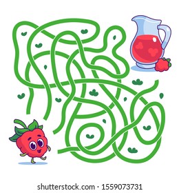 Help cute raspberry find path to juice. Labyrinth. Vegan maze game for kids. Vector illustration on white background.