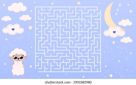 Help cute sheep find way to moon, sleeping concept for kids, sweet dreams, maze for kids, labyrinth for childrens books, fun riddle in cartoon style