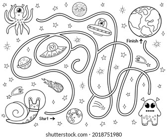 Ayude a un astronauta de caracol lindo a encontrar la manera de llegar a la Tierra. El laberinto blanco y negro para los niños. Actividad con carácter de espacio divertido.  Mini juego y página de coloreado. Ilustración del vector