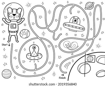 Help a cute tiger find a way to the Moon. Black and white space maze for kids. Activity page with funny space character. Mini game and coloring page. Vector illustration