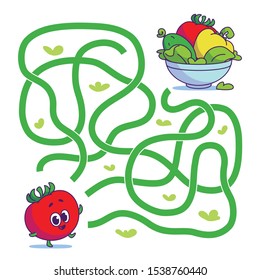 Help cute tomato find path to salad. Labyrinth. Vegan maze game for kids. Vector illustration on  white background.