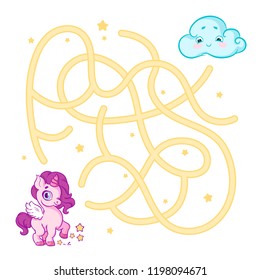 Help cute unicorn cub find the right path to cloud. Labyrinth. Maze game for kids. On white background
