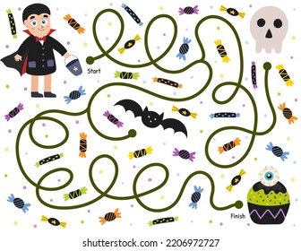 Help a cute vampire boy find path to the spooky cupcake. Halloween maze game for kids in cartoon style. Labyrinth puzzle for school and preschool. Vector illustration