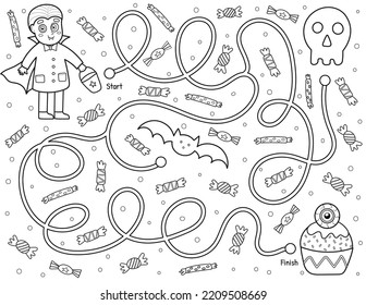 Help a cute vampire boy find path to the spooky cupcake. Black and white Halloween maze game for kids in cartoon style. Labyrinth puzzle for school and preschool. Vector illustration