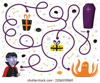 Help a cute vampire find path to the coffin. Halloween maze game for kids in cartoon style. Labyrinth puzzle for school and preschool. Vector illustration