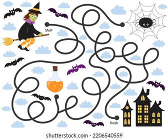 Help a cute witch find path to home. Halloween maze game for kids in cartoon style. Labyrinth puzzle for school and preschool. Vector illustration