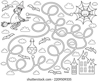 Help a cute witch find path to home. Black and white Halloween maze game for kids in cartoon style. Labyrinth puzzle for school and preschool. Vector illustration