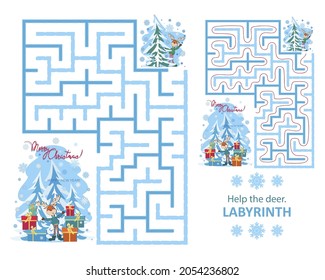 Help deer. Labyrinth game. Maze with correct answer on white background. Cartoon Illustration 